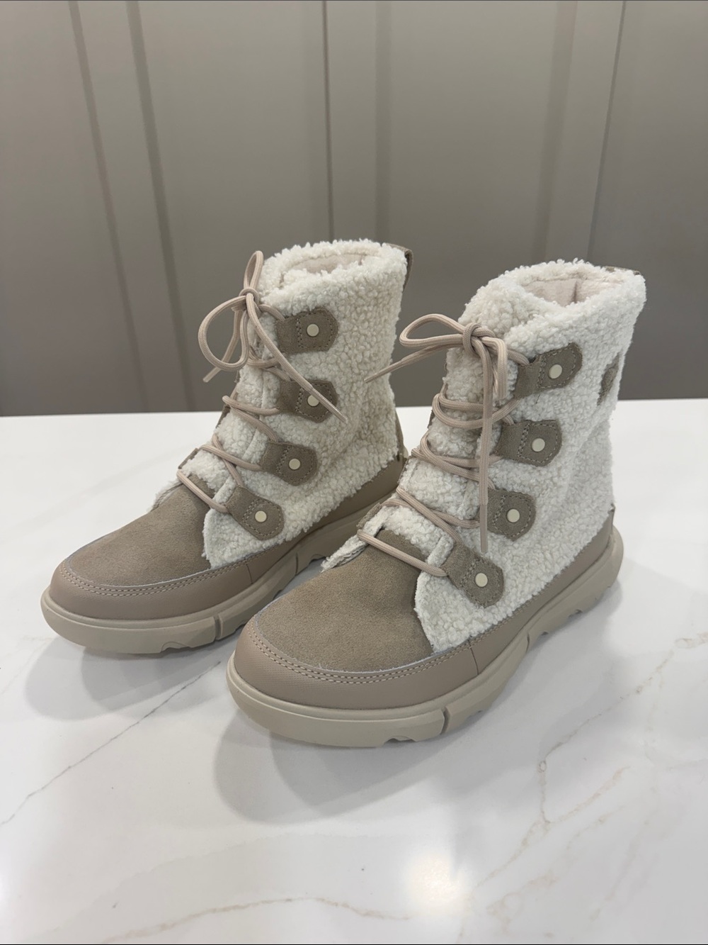 Sorel Sherpa Lace-Up Winter Boots in Cream and Tan